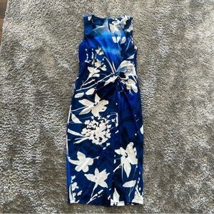 DKNY Blue & White Floral Twist-Front Midi Dress